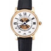 Swiss Cartier Rotonde Small Complication White Dial Gold Diamond Case Black Leather Strap