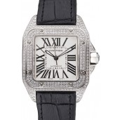 Swiss Cartier Santos Dumont Diamond Case White Dial Roman Numerals Black Leather Bracelet 622652
