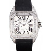 Swiss Cartier Santos Silver Bezel with Diamonds and Black Leather Strap sct47 621531