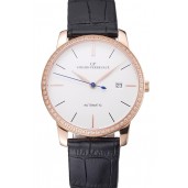 Swiss Girard-Perregaux 1966 White Dial Gold Diamond Case Black Leather Strap