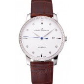 Swiss Girard-Perregaux 1966 White Dial Silver Diamond Case Brown Leather Strap