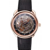 Swiss Hermes Arceau Skeleton Black Dial Brown Hands Rose Gold Case Black Leather Strap