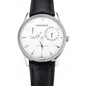 Swiss Jaeger LeCoultre Master Ultra Thin Reserve De Marche White Dial Diamond Bezel Stainless Steel Case Black Leather Strap
