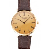 Swiss Longines Grande Classique Gold Dial Roman Numerals Gold Case Brown Leather Strap