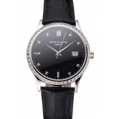 Swiss Patek Philippe Calatrava Black Dial Diamond Bezel Stainless Steel Case Black Leather Strap