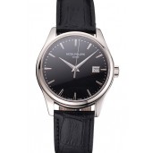 Swiss Patek Philippe Calatrava Black Dial Stainless Steel Case Black Leather Strap