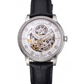 Swiss Patek Philippe Complications Openworked Dial Diamond Bezel Stainless Steel Case Black Leather Strap