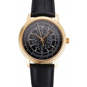 Swiss Patek Philippe Multi-Scale Chronograph Black Dial Gold Case Black Leather Strap