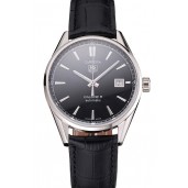 Swiss Tag Heuer Carrera Calibre 5 Black Dial Stainless Steel Case Black Leather Strap