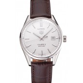 Swiss Tag Heuer Carrera Calibre 5 Silver Dial Stainless Steel Case Brown Leather Strap