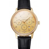 Swiss Vacheron Constantin Traditionnelle Power Reserve Gold Dial And Case Diamond Bezel Black Leather Strap