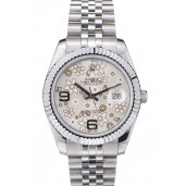 Top Rolex Swiss DateJust Stainless Steel Ribbed Bezel Flower Silver Dial 42001