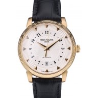AAAAA Fake Patek Philippe Swiss Calatrava Ribbed Bezel White Dial Black Leather Strap 7639
