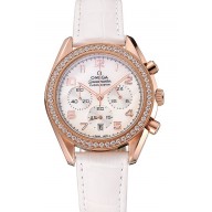 AAAAA Omega Speedmaster White Dial Rose Gold Case Diamond Bezel White Leather Strap