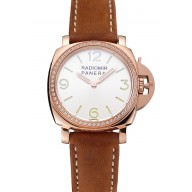 Best Replica Panerai Radiomir White Dial Diamond Bezel Rose Gold Case Brown Suede Leather Strap 1453799