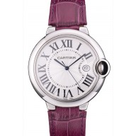 Cartier Ballon Bleu 42mm White Dial Stainless Steel Case Purple Leather Bracelet