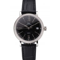Cheap Copy IWC Portofino Black Dial Stainless Steel Case Diamonds Bezel Black Leather Strap