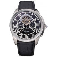 Copy Cartier Calibre Tourbillon Black Dial Stainless Steel Case Black Leather Strap 622752