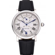 Copy Cartier Rotonde White Dial Stainless Steel Case Black Leather Strap 622757
