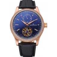 Copy Jaeger-LeCoultre Master Tourbillon Dualtime Black Dial Gold Case With Diamonds Brown Leather Strap 622783
