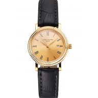 Copy Luxury Patek Philippe Calatrava Gold Dial Roman Numerals Double Ribbed Bezel Gold Case Black Leather Strap