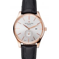Copy Patek Philippe Calatrava Date White Dial Rose Gold Case Black Leather Strap