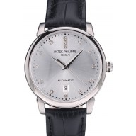 Copy Patek Philippe Swiss Calatrava Polished Bezel Grey Dial Black Leather Strap 7659