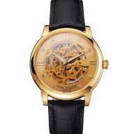 Copy Swiss Patek Philippe Complications Openworked Dial Gold Case Black Leather Strap