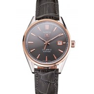 Designer Swiss Tag Heuer Carrera Calibre 5 Gray Dial Rose Gold Case Black Leather Strap
