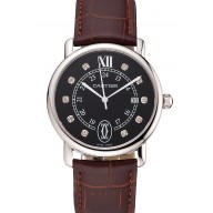Fake Cartier Ronde Solo Black Dial Diamond Hour Marks Stainless Steel Case Brown Leather Strap