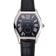 Fake Cartier Tortue Large Date Black Dial Stainless Steel Case Black Leather Strap