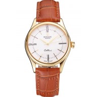 Fake High Quality Swiss Rolex Cellini White Dial Roman Numerals Gold Case Light Brown Leather Strap