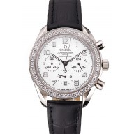 Fake Hot Omega Speedmaster White Dial Stainless Steel Case Diamond Bezel Black Leather Strap