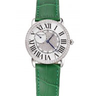 Fake Luxury Cartier Ronde Louis Silver Diamond Case White Dial Green Leather Bracelet 1454012