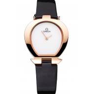 Fake Omega Ladies Watch White Dial Gold Case Black Leather Strap 622820