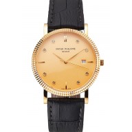 Fake Patek Philippe Calatrava Gold Dial Diamond Hour Marks Ribbed Bezel Gold Case Black Leather Strap