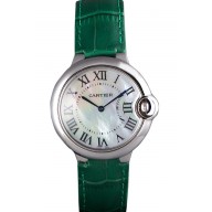 Fashion Imitation Cartier Ballon Bleu Silver Bezel with Pearl Dial Green Leather Band 621552