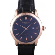 First-class Quality Patek Philippe Calatrava Roze Gold Polished Bezel Black Leather Bracelet 801432