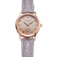 High Quality Imitation Patek Philippe Calatrava Gray Dial Diamond Markings Rose Gold Case Gray Leather Strap