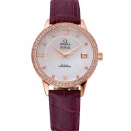 High Quality Omega DeVille Prestige Co-Axial Diamond Gold Case Mother-Of-Pearl Dial Purple Leather Strap