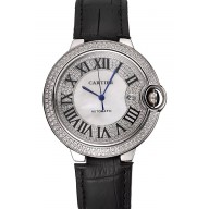 High Quality Replica Swiss Cartier Ballon Bleu 46 MM Diamond Dial Diamond Case Black Leather Bracelet 1453894