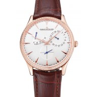 High Quality Replica Swiss Jaeger LeCoultre Master Ultra Thin Reserve De Marche Silver Dial Diamond Bezel Rose Gold Case Brown Leather Strap