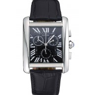 Hot Cartier Tank MC Black Dial Stainless Steel Case Black Leather Bracelet 622690