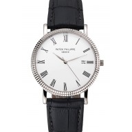Hot Patek Philippe Calatrava White Dial Roman Numerals Ribbed Bezel Stainless Steel Case Black Leather Strap