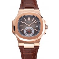 Imitation 1:1 Patek Philippe Nautilus Gray Dial Rose Gold Case Brown Leather Strap