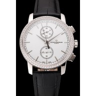 Imitation AAAAA Swiss Vacheron Constantin Patrimony Traditionnelle Chronograph White Dial Diamond Bezel Stainless Steel Case Black Leather Strap 1453769