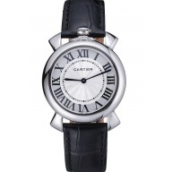 Imitation Cartier Rotonde Blue Crown Black Leather Bracelet 621975