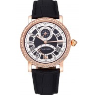 Imitation Luxury Cartier Rotonde Black And White Dial Gold Case With Jewels Black Leather Strap 622758