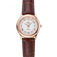 Imitation Omega De Ville Prestige Ladies White Dial Rose Gold Case Brown Leather Strap