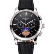 Imitation Patek Philippe Chronograph Black Dial Stainless Steel Case Black Leather Strap